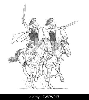 Cavalerie romaine à l'attaque. Dessin historique à la main. Banque D'Images