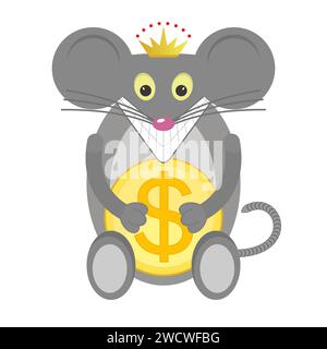 Une souris grise avec une couronne sur sa tête tient une grosse pièce d'or dans ses pattes avec un signe dollar et sourit. Illustration vectorielle. Illustration de Vecteur