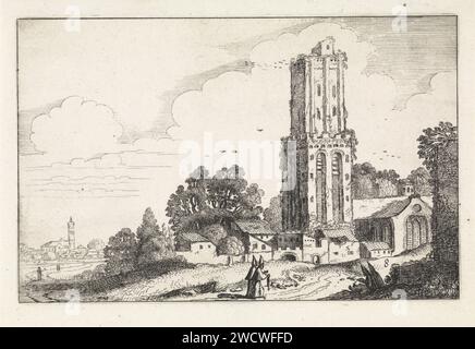 Paysage avec tour d'église délabrée, Jan van de Velde (II), 1616 estampes clergé sur un chemin près d'une tour d'église délabrée. Laissé en arrière-plan un village. Huitième tirage de la quatrième partie d'une série d'un total de soixante tirages avec des paysages, répartis sur cinq parties de douze tirages chacune. Église de gravure sur papier du nord des pays-Bas (extérieur). moine(s), frère(s). paysage avec ruines Banque D'Images