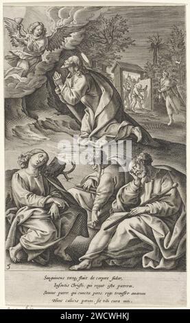 Christ in Hof van Getsemane, Antonie Wierix (II), d'après Maerten de vos, 1583 - 1587 imprimer Christ prie à la cour de Getsemane. Un ange avec un calice apparaît du ciel. Petrus, Johannes et Jacobus dorment au premier plan. En arrière-plan, Judas conduit un groupe de soldats à travers la porte. Papier anversois gravant la prière du Christ dans le jardin de Gethsémani pendant la nuit Banque D'Images