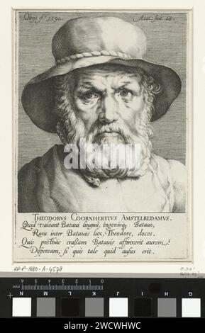 Portrait de Dirck Volckertsz. Coornhert, Jan Harmensz. Muller, d'après Cornelis Cornelisz. Van Haarlem, 1590 - 1592 print Portrait de Dirck Volckertsz, savant, écrivain et artiste. Coornhert avec un chapeau sur la tête. Au bas de la marge son nom et un verset de quatre lignes sur lui en latin. Amsterdam papier gravure portrait d'un écrivain Banque D'Images