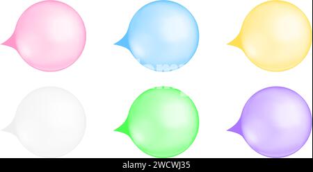 Ensemble de gommes à bulles gonflées. Rose, bleu, jaune, blanc, vert, boules bubblegum à mâcher violettes isolées sur fond blanc. Joli motif girly. Illustration réaliste vectorielle. Illustration de Vecteur