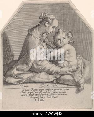 Maria a rencontré Kind, Anonymous, d'après Jacob Matham, d'après Cornelis Cornelisz. Van Haarlem, 1590 - 1640 estampe Haarlem (peut-être) gravure sur papier Marie debout (ou à mi-longueur), le Christ-enfant devant elle, près de son sein Banque D'Images