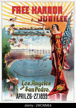 Jubilé du port libre, Los Angeles et San Pedro - 26 et 27 1899 avril. Une femme dans une robe de bijoux soufflant une corne et une vue aérienne du port de Los Angeles, Californie - oeuvre de J.F. Derby Banque D'Images