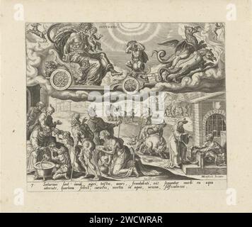 La planète Saturne et ses enfants, Harmen Jansen Muller, d'après Maarten van Heemskerck, 1638 - 1646 imprimer Saturne conduit sa voiture dans le ciel, tirée par deux dragons. Il dévore un de ses enfants. Les signes du Capricorne et du Waterman indiquent quelles personnes appartiennent à la sphère d'influence de Saturne. Les gens qui sont nés sous cette constellation ont une mauvaise santé et ne connaissent pas une fin de vie heureuse. Les personnes handicapées, les armes, la faim et les pèlerins reçoivent de la nourriture de moines caritatifs. Sur les bonnes personnes en prison, qui sont visitées par un homme. Le pays est édité en arrière-plan. En bas de la marge A. Banque D'Images