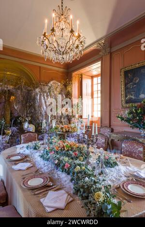 France, Indre et Loire, Vallée de la Loire classée au patrimoine mondial de l'UNESCO, Villandry, Château de Villandry, construit au XVIe siècle, style Renaissance, Noël au château, table dans la salle à manger Banque D'Images