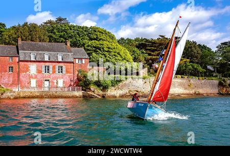 France, Morbihan, Golfe du Morbihan, Sene, Alskar devant la maison rose de Port-Anna, édition Gulf week 2023 Banque D'Images