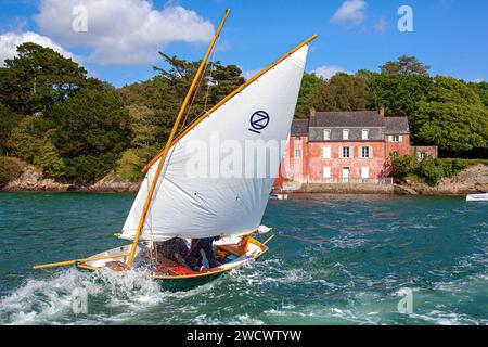 France, Morbihan, Golfe du Morbihan, Sene, Anna, canot de contremast suisse, devant la maison rose de Port-Anna, Gulf week édition 20233 Banque D'Images