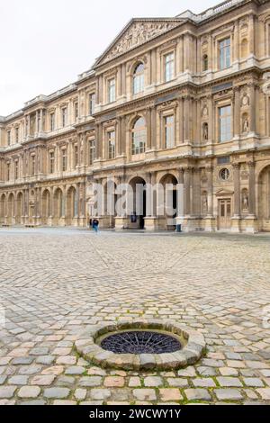 France, Paris, enceinte de Philippe Auguste, cour carrée du Louvre, la grille ronde était un puits qui alimentait en eau l'ancien donjon du Château-fort du Louvre médiéval. Banque D'Images