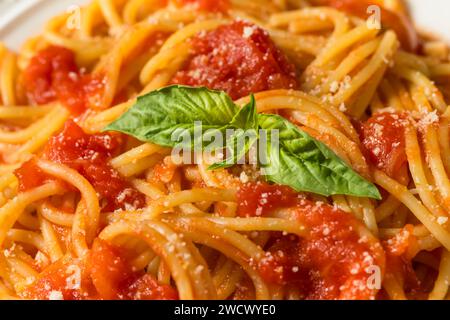 Pâtes italiennes Spaghetti al Pomodoro à la tomate et au basilic Banque D'Images
