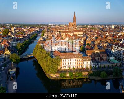 France, Bas Rhin, Strasbourg, vieille ville classée au patrimoine mondial de l'UNESCO, panorama avec rivière Ill et cathédrale notre Dame en arrière-plan Banque D'Images