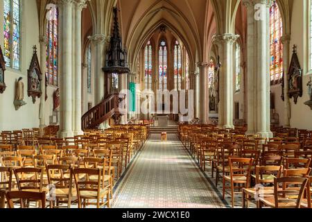 France, Moselle, Delme, St. Eglise Germain construite en 1859 dans le style néogothique, la nef, le chœur, la chaire, l'autel, le chemin de Croix et les vitraux Banque D'Images