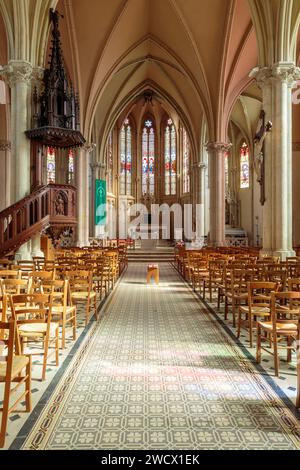 France, Moselle, Delme, St. Eglise Germain construite en 1859 dans le style néogothique, la nef, le chœur, la chaire, l'autel, le chemin de Croix et les vitraux Banque D'Images