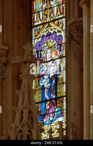 France, Moselle, Delme, St. Église Germain construite en 1859 dans un style néogothique, Vierge Marie tenant l'enfant tuant le serpent à ses pieds symbolisant le mal et l'hérézy Banque D'Images