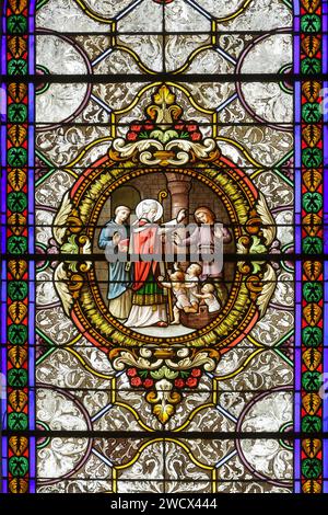 France, Meurthe et Moselle, Xirocourt, église de la Nativité de la Vierge, vitrail représentant Saint Nicolas et les trois enfants Banque D'Images