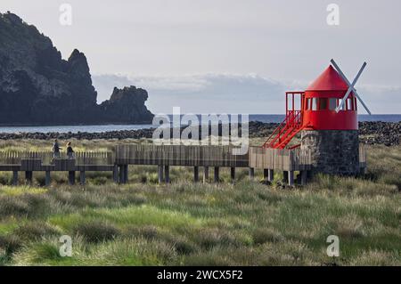 Portugal, archipel des Açores, île de Pico, Lajes de Pico, moulin à vent néerlandais rouge situé au milieu d'une lande face aux falaises et à l'océan Banque D'Images