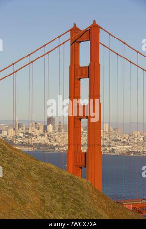 États-Unis, Californie, San Francisco, coucher de soleil sur le Golden Gate Bridge de Short Range Battery à Sausalito Banque D'Images