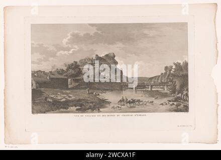 Vue d'Espaly-Saint-Marcel, François Denis né, d'après Meunier, 1749-1817 estampe numérotée ci-dessous : Dép. De la haute Loire. No 14. paysage de gravure de papier avec des ruines. blanchiment (blanchiment). Traversée d'une rivière Espaly-Saint-Marcel Banque D'Images