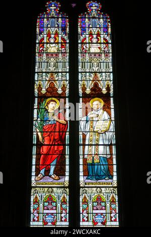 France, Meurthe et Moselle, Nancy, église Saint Léon de style néogothique construite entre 1860 et 1874 par l'architecte Léon Vautrin, vitrail réalisé par le maître verrier Nancy Joseph Benoit en 1924 qui représente à gauche Saint Sébastien un saint martyr romain au 3e siècle, a droite Saint Ignace de Loyola fondateur de l'ordre des Jésuites au 16e siècle, situé rue Saint Léon Banque D'Images