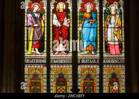 France, Meurthe et Moselle, Nancy, Basilique Saint Epvre construite en style néogothique par l'architecte Prosper Morey, consécration de l'église en 1871, vitrail réalisé par l'atelier Carl Geyling, le plus ancien atelier de vitraux d'Autriche fondé en 1841, qui représente de gauche à droite Saint Alexandre, Saint Henri, Saint Mathew, archange Gabriel, situé place Saint Epvre Banque D'Images
