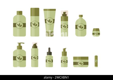 Grand ensemble de produits cosmétiques pour la beauté et les soins de la peau. Bouteilles et tubes décorés avec le logo de branche d'olivier. Illustration vectorielle Illustration de Vecteur