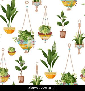 Motif sans couture. Plante d'intérieur et plante macramée poussant dans des pots. Ensemble de décorations de maison faites à la main plantes macramé isolé sur fond blanc. Dessin animé Illustration de Vecteur