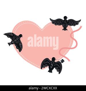 Modèle de coeur décoré avec des silhouettes noires dessinées à la main de colombe dessinant dans le style Boho. Coeur avec espace vierge décoré oiseaux noirs avec ornements blancs Illustration de Vecteur