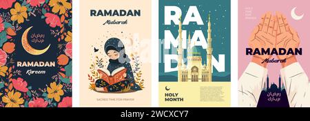 Affiches du mois sacré islamique Ramadan Kareem. Mosquée Islam avec croissant. Une fille musulmane lit le Coran. Paumes d'homme pliées dans la prière musulmane. Décoration florale festive. Traduction de texte arabe Ramadan Moubarak. EPS Illustration de Vecteur