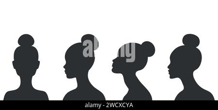 Ensemble de silhouettes abstraites pour femmes. Femmes sans visage avec brioche sur les portraits de tête. Illustration vectorielle Illustration de Vecteur