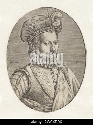 Portrait d'un homme inconnu, un chapeau à plumes sur la tête, Paulus van Wtewael, 1573 print Nord des pays-Bas gravure papier tête-équipement : casquette (+ vêtements pour hommes) Banque D'Images