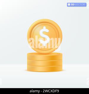 symbole d'icône de pièce d'or dollar réaliste 3d. Argent comptant, signe de devise, investissement, profit ou gain, Trésor, finance ou concept de casino. isol. Vecteur 3D Illustration de Vecteur