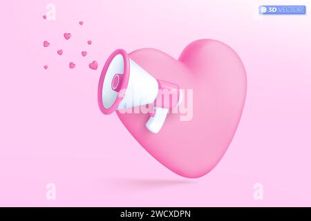 haut-parleur mégaphone 3d et symbole d'icône de coeur rose. Saint-Valentin, rencontres, haut-parleur, mignon coeur 3d, fête des mères, amour concept romantique. iso vectoriel 3D. Illustration de Vecteur