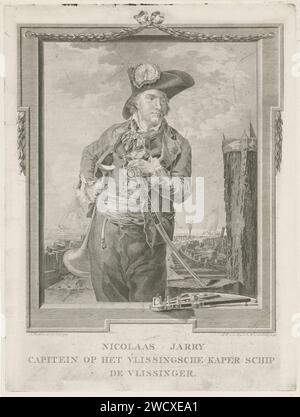 Portrait de Nicolas Jarry, Pieter Willem van Megen, d'après Jacob Perkois, 1782 tirage Portrait de Nicolas Jarry, pirate de l'air et capitaine, avec une corne de navire dans une main et un sabre dans l'autre main. Au bas de la liste se trouve un sextant. Deux navires en mer en arrière-plan. Le journal de la Haye. quadrant de gravure au crayon, sextant, octant (instruments nautiques) Banque D'Images