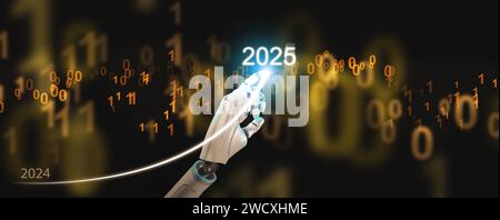 Bonne année 2025. Intelligence artificielle, ai, Robotic Hand tapant