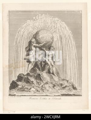 Fontein van Atlas en Hercule, Louis de Châtillon, d'après Charles le Brun, 1672 - 1686 impression d'Une fontaine avec Atlas et Hercule debout sur des rochers. Atlas place un globe avec des signes du zodiaque et des constellations sur les épaules d'Hercule. Fontaine ornementale de gravure de papier Paris. (Histoire de) Atlas. (Histoire de) Hercules (Heracles). Hercule porte les cieux sur ses épaules Versailles Banque D'Images