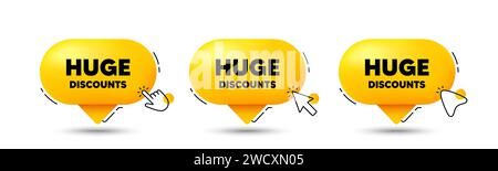 Étiquette de réductions énormes. Panneau de prix d'offre spéciale. Cliquez ici. Vecteur Illustration de Vecteur