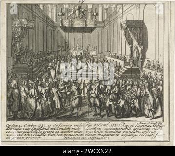 CRÉATION DE George II, roi d'Angleterre, Léonard Schenk, d'après Adolf van der Laan, 1727 - 1729 estampe Couronnement de George II, roi d'Angleterre, et de son épouse à l'abbaye de Westminster à Londres, le 11 ou le 22 octobre 1727. Avec légendes en néerlandais et en français. Fragment d'un grand disque avec neuf représentations d'événements de l'année 1727. Gravure sur papier Amsterdam couronnement d'un souverain de l'abbaye de Westminster Banque D'Images