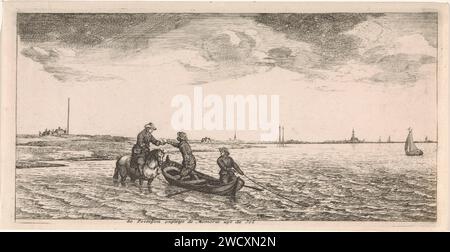 Réception du courrier par un facteur à cheval, Joost van Geel, en ou après 1666 imprimer Un facteur à cheval pataugeoire dans l'eau et reçoit le courrier de deux hommes dans un bateau à rames. L'impression a une légende néerlandaise avec une explication. Rotterdam papier gravure / gravure mer. navires (en général). service postal. facteur Banque D'Images