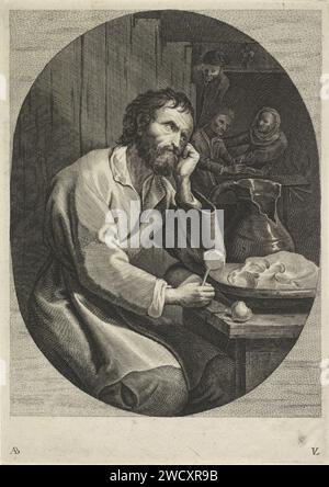 Homme aveugle au repas, Lucas Vorsterman (II), d'après Adriaen Brouwer, 1651 - 1652 impression dans une pièce un fermier penche la tête dans sa main, derrière une table sur laquelle il laisse l'autre main avec une cuillère dedans. Sur la table se trouvent un bol de nourriture et une cruche cassée. En arrière-plan une femme et deux hommes. Anvers gravure sur papier aveugle, cécité. récipient de céramique : pot, cruche, pot, vase (+ cassé, endommagé). cuillère. tête tenue dans la ou les main(s), coudes appuyés sur une élévation ou sur les genoux Banque D'Images