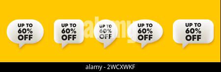 Jusqu'à 60 % de réduction sur les soldes. Panneau de prix de l'offre de rabais. bulles de conversation 3d. Vecteur Illustration de Vecteur