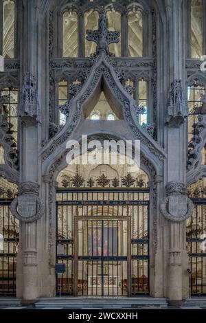 Décoration de la porte extérieure de la chapelle Velez avec le bouclier héraldique de leur fils le marquis, monument national de la cathédrale de Murcie. Banque D'Images