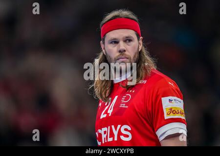 Hambourg, Allemagne. 17 janvier 2024. HAMBOURG, ALLEMAGNE - 17 JANVIER : Mikkel Hansen, du Danemark, se présente lors du main Round Match de l'EHF Euro 2024 entre le Danemark et les pays-Bas à Barclays Arena le 17 janvier 2024 à Hambourg, Allemagne. (Photo Henk Seppen/Orange Pictures) crédit : Orange pics BV/Alamy Live News Banque D'Images
