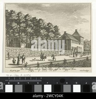 Écuries sur le côté sud du palais Soestdijk, Hendrik de Leth, 1725 - 1747 imprimer vue des écuries sur le côté sud du palais Soestdijk, vues du jardin avec des figures de marche. L'estampe fait partie d'une série de seize visages sur le palais Soestdijk et le domaine associé. palais de gravure de papier. Stall, stable Soestdijk Palace Banque D'Images