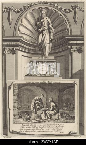 Père de l'église Eusebius van Caesarea, Jan Luyken, d'après Jan Goeree, 1698 imprimer le père de l'église Eusebius van Caesarea, debout sur un piédestal. Sur le devant la scène dans laquelle il est visité en prison par son professeur Pamphilus de Césarée. Imprimer au milieu de celui-ci marqué : III partie. Page : 79. Amsterdam gravure sur papier / gravure de saints mâles (EUSEBIUS DE CÉSARÉE). Saints masculins (avec NOM). prison, prison Banque D'Images