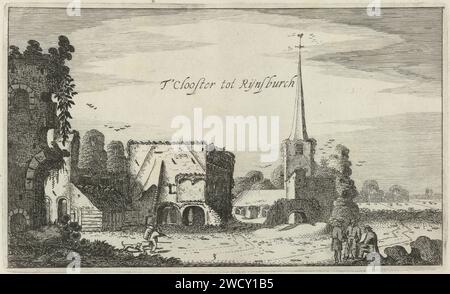 Vue des ruines de l'abbaye de Rijnsburg, Jan van de Velde (II), 1616 estampes ruine de l'abbaye de Rijnsburg, au premier plan à gauche un homme avec un chien et à droite trois personnages conversant. Troisième tirage d'une série de six. Paysage de gravure de papier du nord des pays-Bas avec tour ou château. paysage avec ruines. Cloîtres  monastère Abbaye de Rijnsburg Banque D'Images