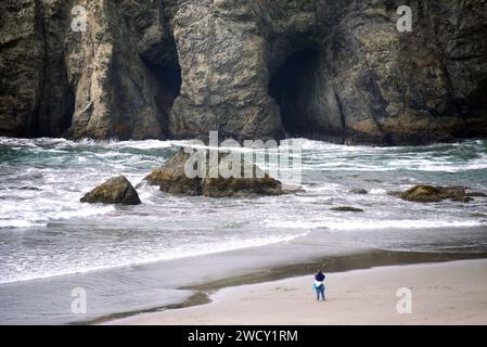 Photographies de visiteurs Elephant Rock, à Bandon, Oregon. Comparé à la taille de l'imposante formation rocheuse, le visiteur est minuscule. Banque D'Images