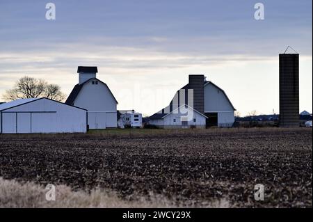 Hinckley, Illinois, États-Unis. Un groupe de granges et de hangars sont positionnés devant une pause dans les nuages tôt le matin sur une ferme de l'Illinois. Banque D'Images