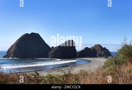 Un ciel ensoleillé et un océan bleu entourent les grandes piles marines le long de Myers Creek Beach sur la Highway 101 sur la côte de l'Oregon. Couple marcher le long de la plage déserte Banque D'Images