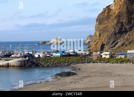 Port Orford, Oregon, est l'un des deux seuls « docks de dolly » des États-Unis. Les hoists soulèvent des bateaux hors de l'eau chaque jour. Deux visiteurs se promènent sur la plage avec leur Banque D'Images