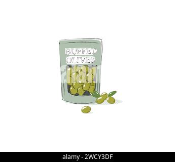 Buffet olives dans un forfait. Illustration vectorielle isolée sur fond blanc. Olives vertes. Illustration de Vecteur
